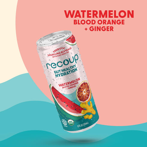 ((Pack 12), Recoup Organic Sparkling Prebiotic Drink - Ginger with Electrolytes for Gut Health Support & Hydration, No