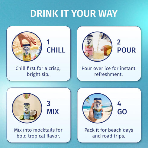 99.7% 11.2oz (330ml) 12-Pack Blue Monkey Sparkling Coconut Water with Mango - Coconut Water & Juice Blend - No Sugar