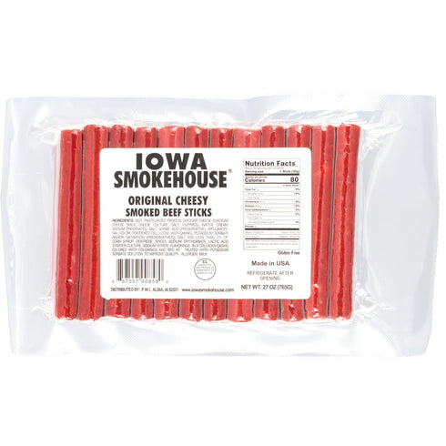 IOWA SMOKEHOUSE Smoked Beef Sticks, Cheesy Original - Protein Meat Snack -