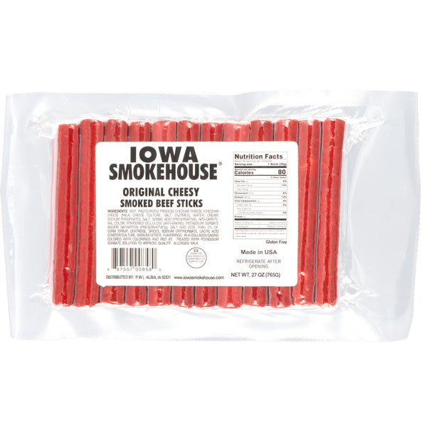IOWA SMOKEHOUSE Smoked Beef Sticks, Cheesy Original - Protein Meat Snack -