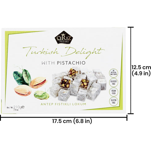 7.4 oz. Cerez Pazari Turkish Delight Pistachio Candy, Gourmet Premium Vegan Sweets Small Gift Box, Luxury Traditional