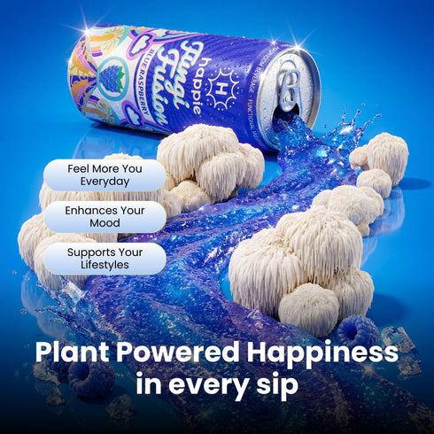 (900mg), (6 Pack) Happie Fungi Fusion Blue Raspberry Sparkling Mushroom Drink with Lion's Mane Cordyceps & Reishi
