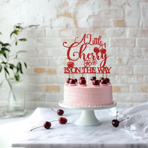 Sriburcio Summer Red Glitter A Litte Cherry is on the Way Cake Topper, Cherry Sweet Baby/Cherry Oh Baby, Funny Cherry
