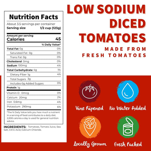 (14.5 oz. 12 pack) Dei Fratelli Low Sodium Diced Tomatoes Cans, - Vine-Ripened Non-GMO