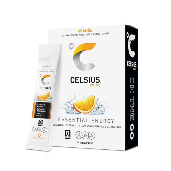 CELSIUS On-the-Go Powder Stick, Zero Sugar, Orange, 14 Sticks per Pack, 2.60 Oz