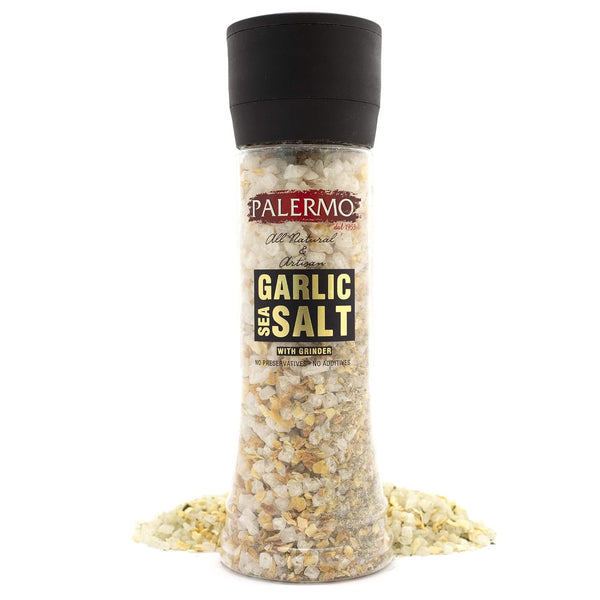 Palermo Garlic Sea Salt Seasoning with Grinder, 9 oz - Kosher, All Natural, No Additives