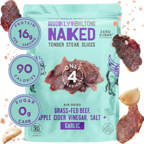 (2oz, Pack 2), 32g Pack, Brooklyn Biltong Steakhouse, Garlic Naked Tender Slices of Grass Fed Beef Protein Snacks