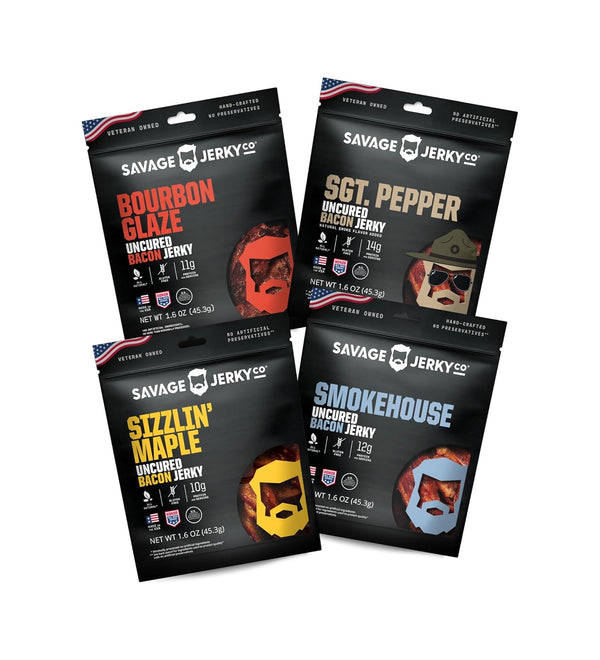 SAVAGE Bacon Jerky Variety - Sizzlin Maple, Bourbon Glaze, Smokehouse, Sgt. Pepper