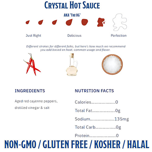 6 oz Pack 3, Crystal Hot Sauce, Original - Bottle, of Low Sodium, Low Fat, All Natural, Recipe Card Included