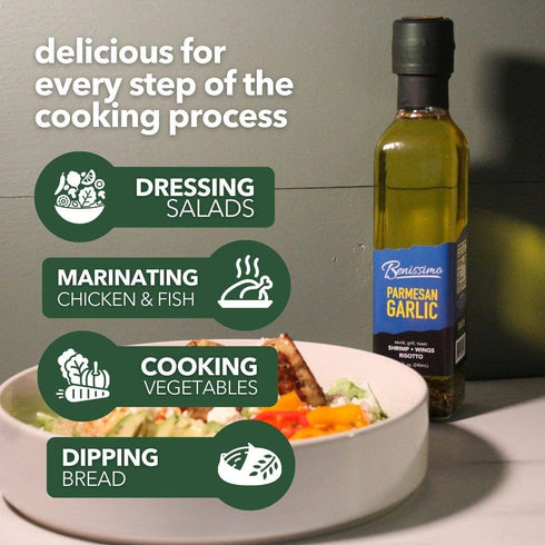 8.1 oz Benissimo Parmesan Garlic Herb Infused Oil, All Natural Gourmet Cooking Oil with Chef-Inspired Herbs, Ideal