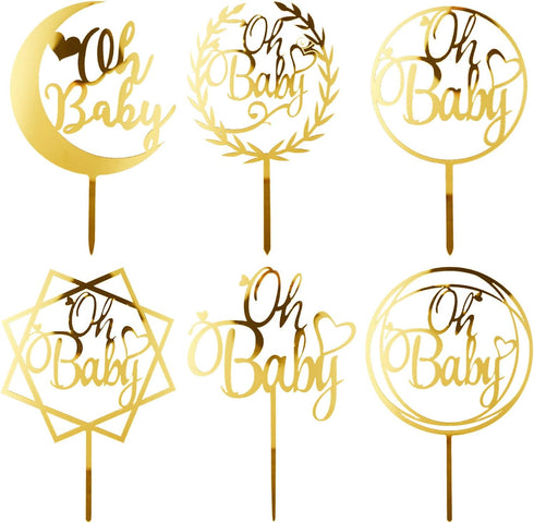 6Pcs Oh Baby Cake Topper, Gold Acrylic Baby Shower Cake Decorations for Birthday Party Supplies