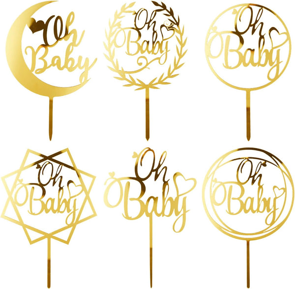 6Pcs Oh Baby Cake Topper, Gold Acrylic Baby Shower Cake Decorations for Birthday Party Supplies