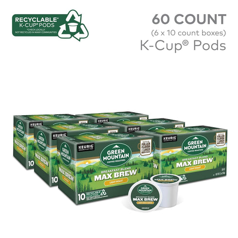 60-Count (6 Packs 10) Green Mountain Coffee Roasters Breakfast Blend Max Brew, Single Serve Keurig K-Cup Pods, Light