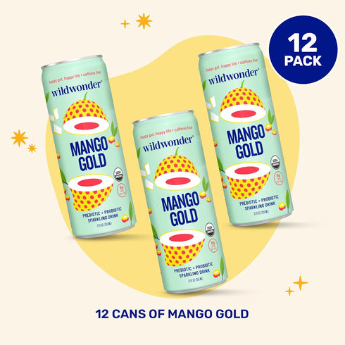 12pk, Immune 5g 12 Pack, 12oz wildwonder Sparkling Probiotic Drink For Gut Health & Support, Mango Gold, Prebiotic