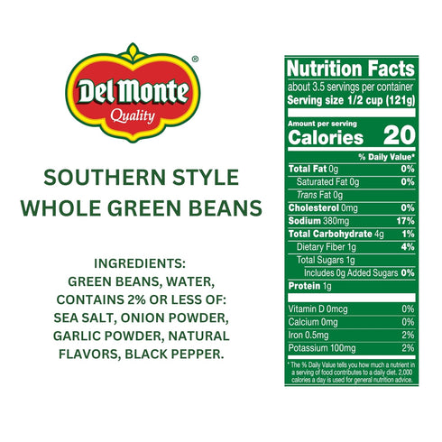 14.5 oz. (Pack 12) Del Monte Southern Style Whole Green Beans, Can of Spicy & Smoky Flavors, Ready to Eat Side Dish