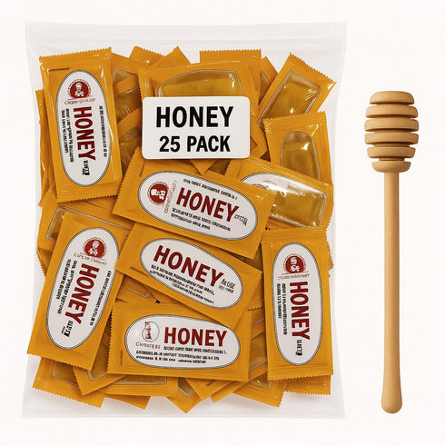 Movelo Packets 25 Packs Pack Honey Single-Serve Portion Sachets with Wooden Dipper Natural Sweetener for Tea, Coffee