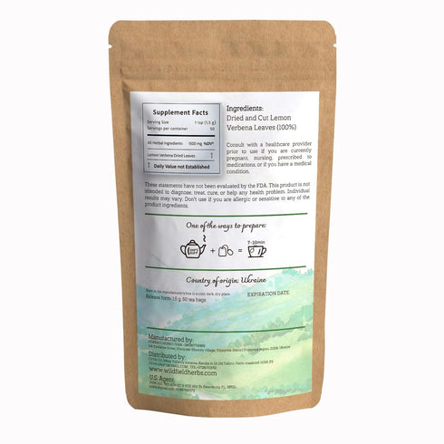 50 Bags Lemon Verbena Tea Dried Cut Leaves Herb (Aloysia citrodora) - 50 Count 1.5g Lemon Beebrush Loose Leaf Herbal Tea Bags te de verbena de limon