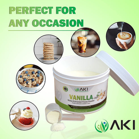 Aki Fine Vanilla Powder Extract from Beans (5.29oz/150g), Water Extracted Powder for Baking, Cooking, Smoothies,