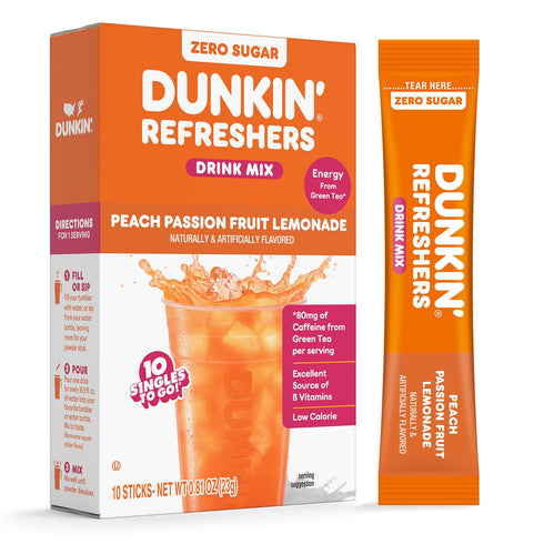 Dunkin Zero Sugar Refreshers Singles To Go! Powdered drink mix packets, Peach