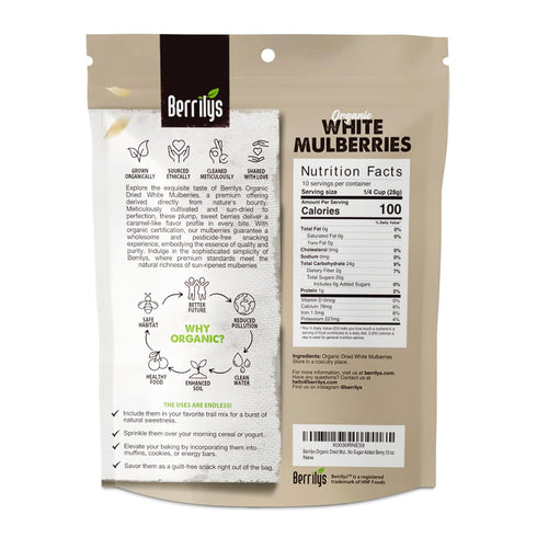 Mulberries Mulberry, 10oz Berrilys Organic Dried - White Non-GMO, Unsulfured, Raw, Kosher, Vegan - Healthy Berries