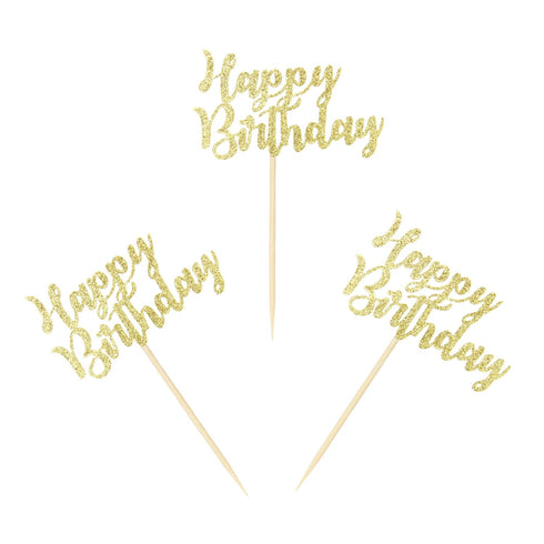 Ercadio 24 Pack Happy Birthday Cupcake Toppers, Gold Glitter Cake Picks for Party Decoration