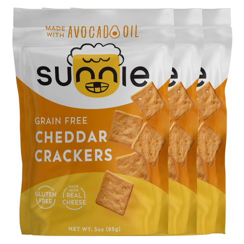 Sunnie Gluten Free Cheddar Crackers - Healthy Grain-Free Snacks Made with Real Cheese (9 oz - Pack of 3)