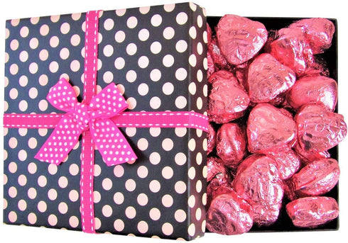 Valentines Chocolate Raspberry Cremes Hearts Pokodots Gift Box by It's Delish Valentines Day Gift - Pink Foil Wrapped
