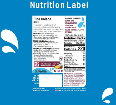 1 (33.8 Oz), Pack 3 Master of Mixes Pina Colada Drink Mix, Ready To Use, Liter Bottle Fl