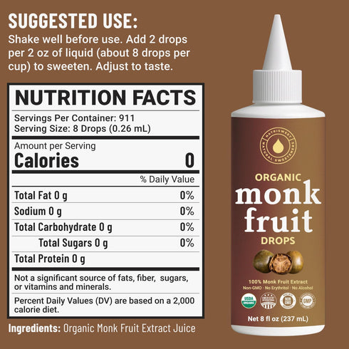 100% 8 oz Organic Monk Fruit Liquid Sweetener Drops, Pure Extract, Zero Sugar & No Erythritol, Original Flavor Liquid
