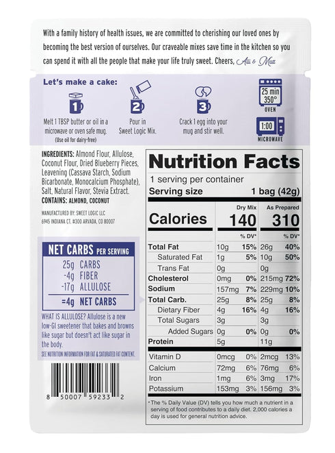 Sweet Logic Keto Dessert Mug Cake Mixes - Blueberry Muffin, Low Sugar, Gluten-Free, 4 Pack of Delicious Keto Treats