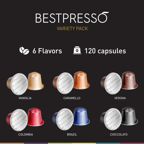 120 Pack Bestpresso Coffee for Nespresso Original Machine Aluminum pods Certified Genuine Espresso Variety mix Flavored