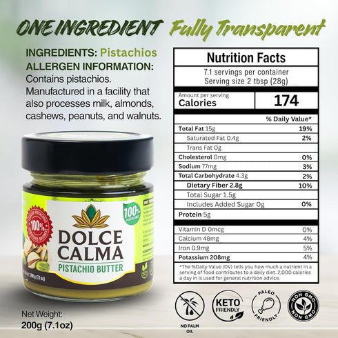 200g (7oz) 100% Dolce Calma Turkish Pistachio Butter Spread Pistachios, One Ingredient, Unsweetened, Pure, Glass Jar