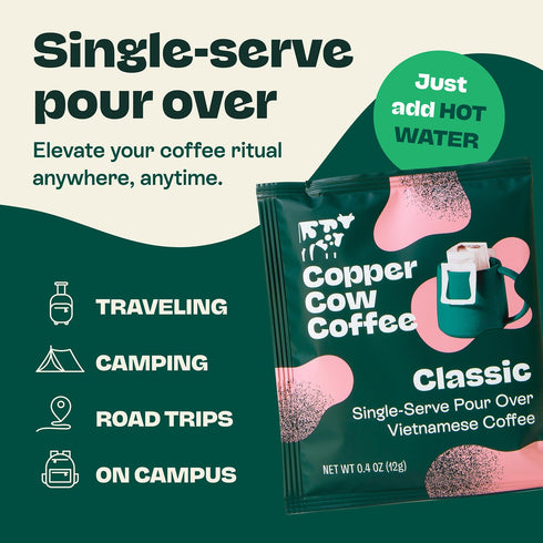 (8 pack) Packets, Copper Cow Coffee Premium Pour Over Single-Serve Vietnamese Coffee Pouches | Classic Black | Dark
