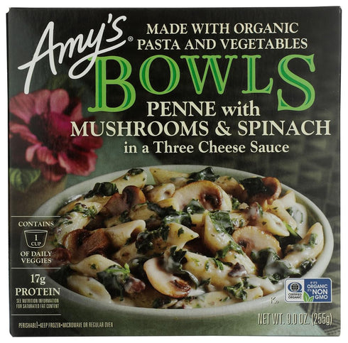 Amy's, Bowl Penne Mushrooms & Spinach, 9 Ounce