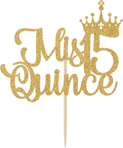 Mis Quince 15 Cake Topper, Hello 15, Cheers to 15 Years, 15th Birthday/Anniversary Party Decorations Gold Glitter