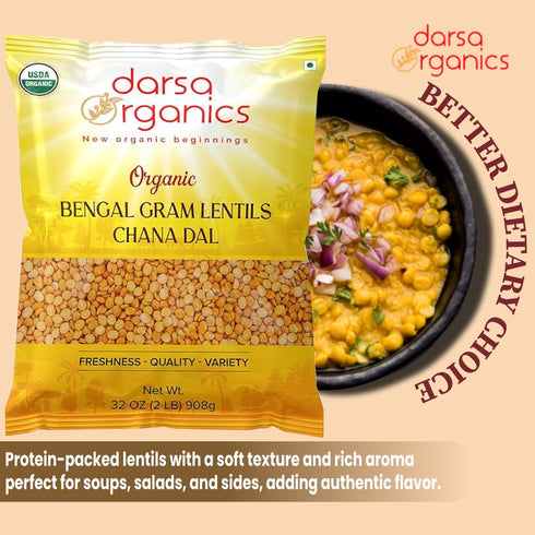 2 lb Darsa Organics Chana Dal USDA Organic Split Bengal Gram (Yellow Chickpeas), Non-GMO, Chemical-Free Yellow Lentils