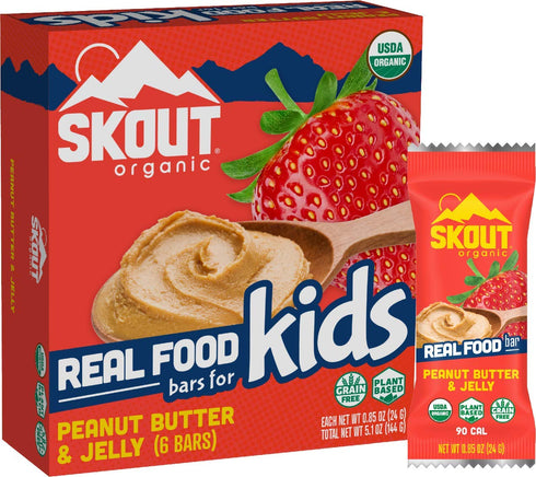 Skout Organic Peanut Butter & Jelly Real Food Bars for Kids (6 Pack) | Plant-Based Nutrition, Vegan, No Refined Sugar