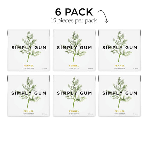 Simply Gum Fennel Plant-Based Chewing Gum Pack of Six (90 Pieces Total) Synthetic Plastic Free + Aspartame Free