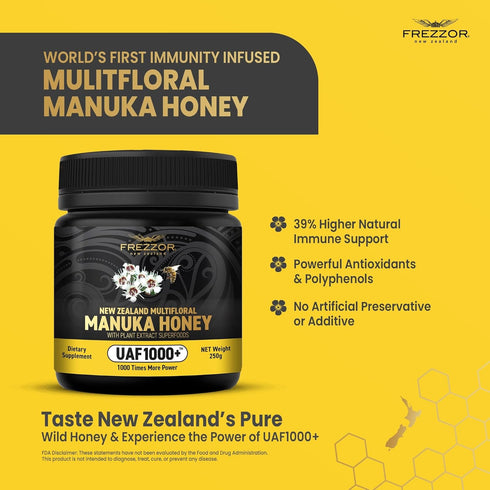 UAF1000+ 230% 1 (8.8oz/250g) FREZZOR Premium New Zealand Raw Multifloral Manuka Honey with Super Antioxidant, More