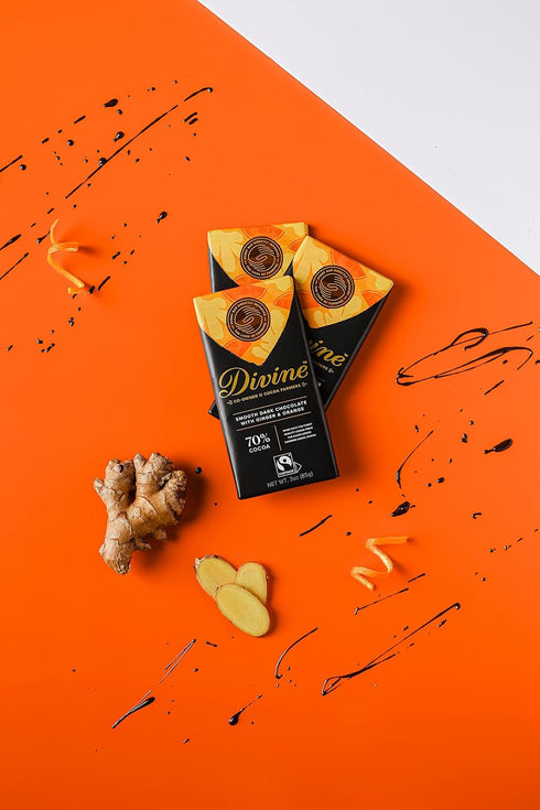 70% 3oz. (12 Pack) Divine Chocolate Bars - Dark Chocolate with Ginger & Orange - Made with Fairtrade Cocoa, Natural