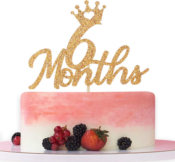 Gold Glittery 6 Months Cake Topper for Baby's Half Year Old Birthday Party, 1/2 Birthday, Baby Shower Decorations