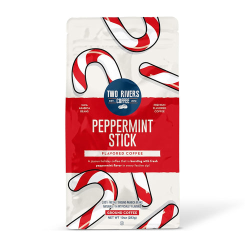 Two Rivers Coffee Peppermint Stick Flavored Ground Coffee, Perfectly Balanced, Always Smooth,