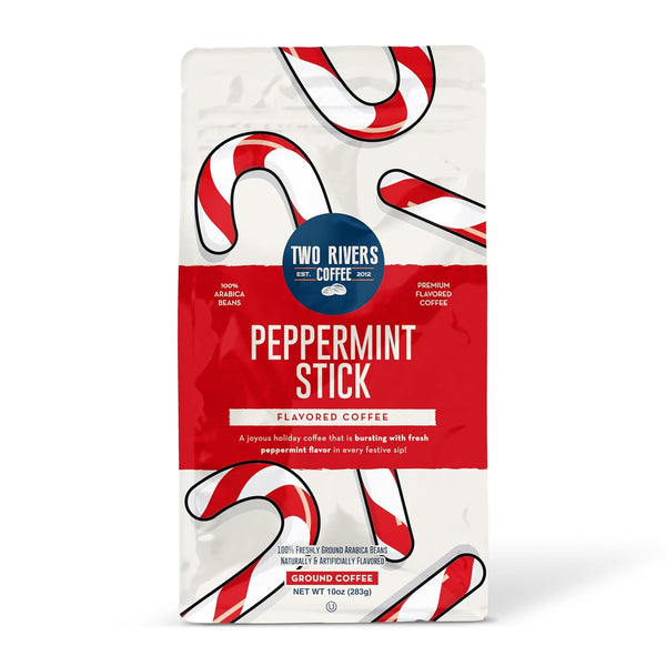 Two Rivers Coffee Peppermint Stick Flavored Ground Coffee, Perfectly Balanced, Always Smooth,