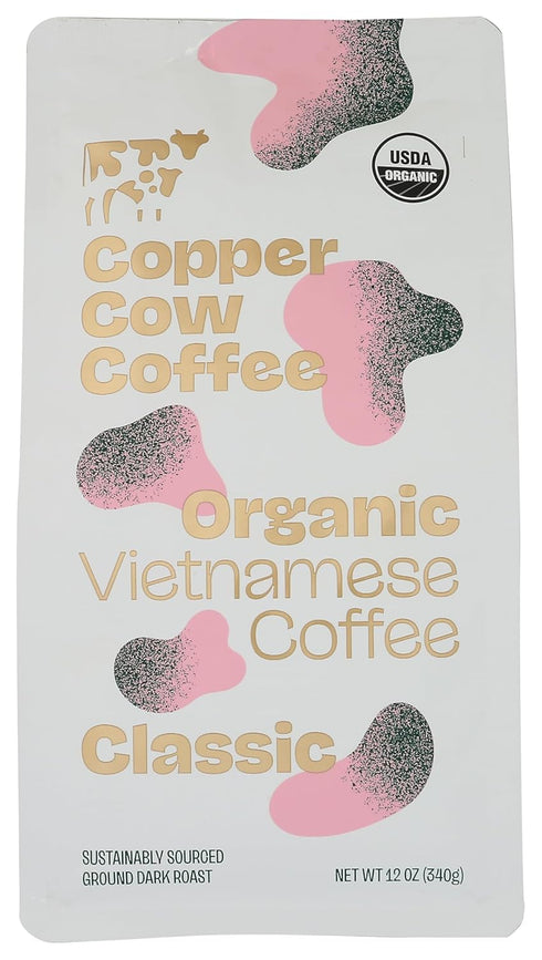 Copper Cow Coffee Organic Classic Vietnamese Dark Roast Ground Coffee, 12 Ounce
