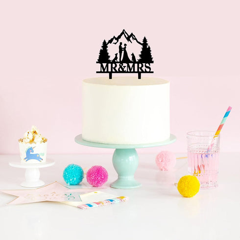 YzYbuaego Mountain Wedding Cake Topper, Mr & Mrs Cake Decorations for Forest Theme Outdoors Wedding