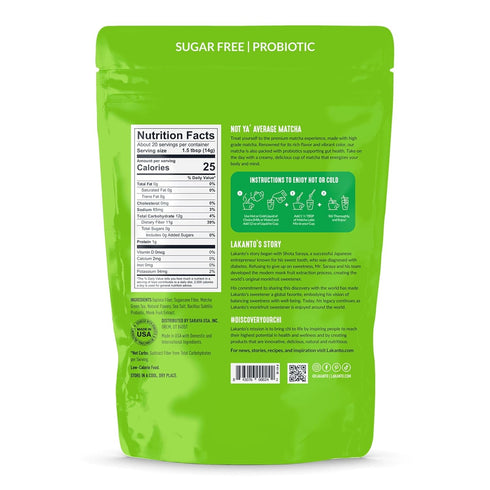 (10 Oz) Lakanto Sugar Free Matcha Latte - Green Tea Powder with Shelf Stable Probiotics and Fiber, Sugar Free, Monk