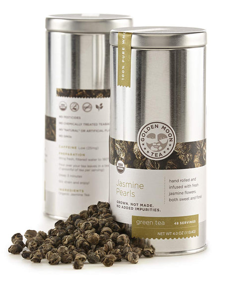 Golden Moon Tea Organic Jasmine Pearls Green Tea, Loose Leaf Dragon Pearls, Premium Grade, Non-GMO - Travel Tin
