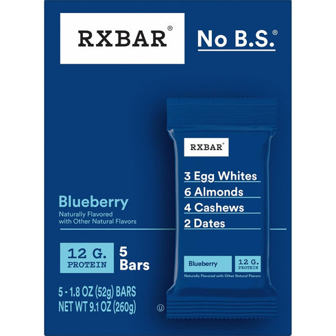 9.1oz (5 Count) RXBAR Protein Bars, Protein Snack, Snack Bars, Blueberry, Box