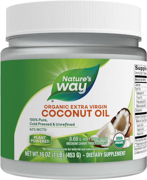 Nature's Way USDA Organic Extra Virgin Coconut Oil- Pure, Cold-Pressed, Non-GMO, 16