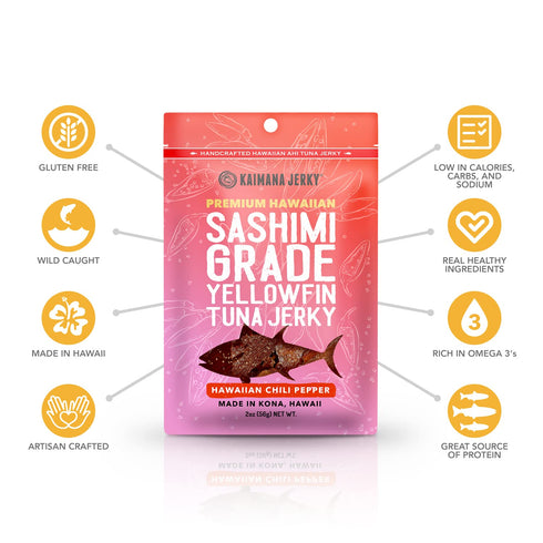 3's, 2 (Pack 3) Kaimana Ahi Tuna Jerky Hawaiian Chili Pepper - Soft and Tasty - Premium Fish Jerky Made in the USA.
